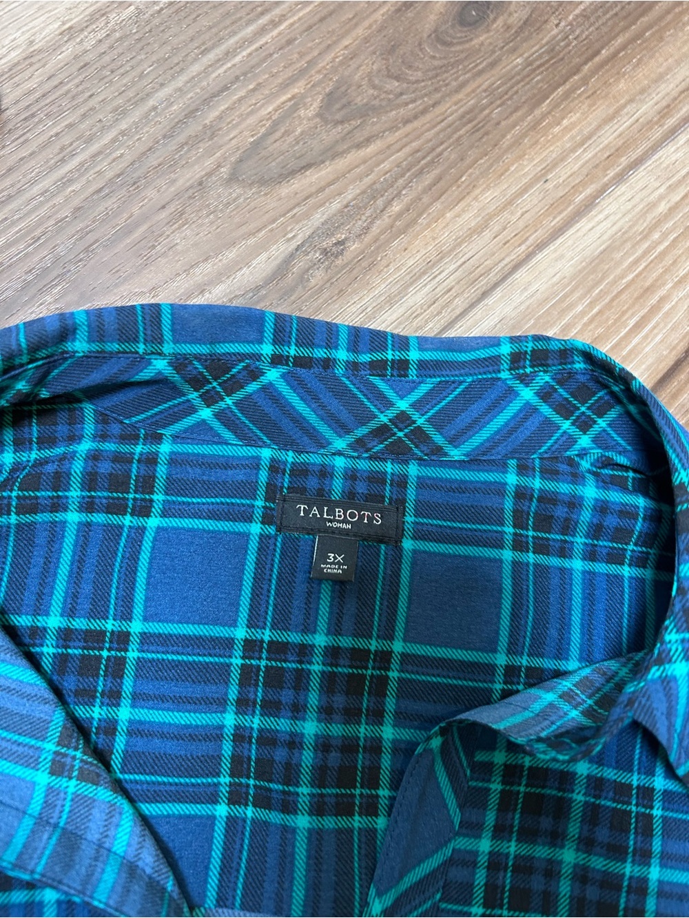 Talbots blue plaid long roll tab sleeve button top size 3X lightweight collared - Picture 7 of 10